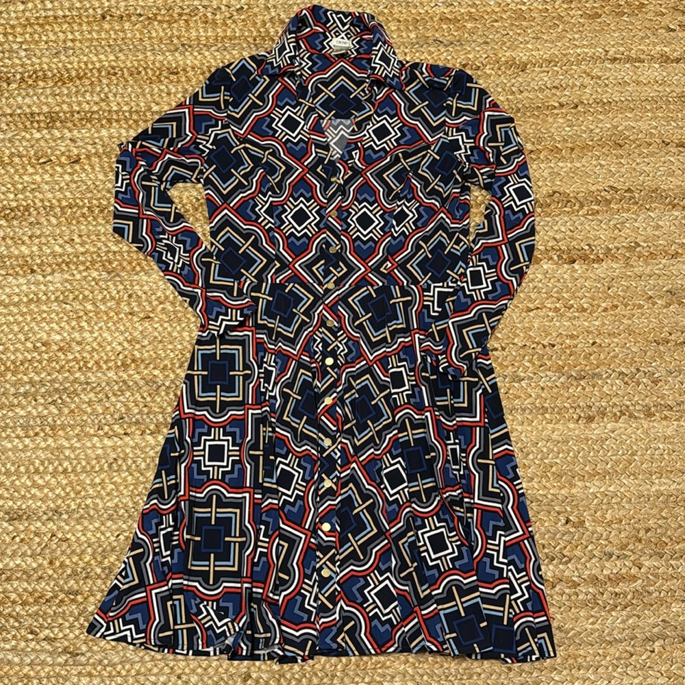 Cache Geometric Career Dress Button Front V Neck A Line Pleated Blue Red Size 12